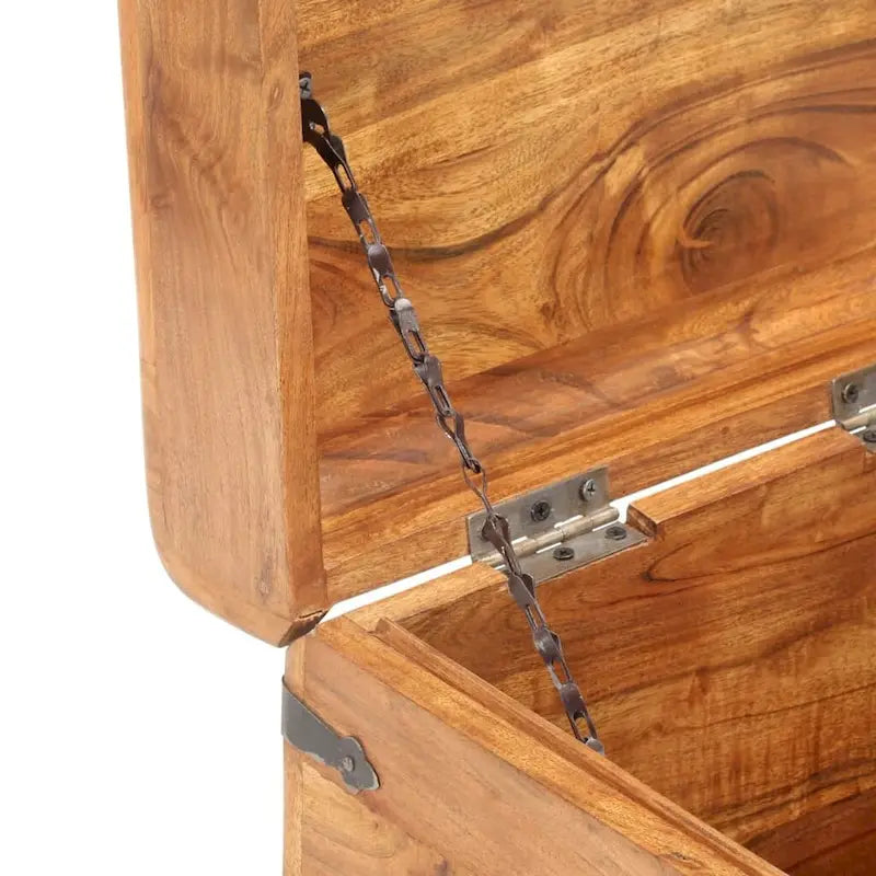 Coffre de rangement en bois massif d'acacia naturel brun verrouillable avec loquet avant, poignées latérales et couvercle plat