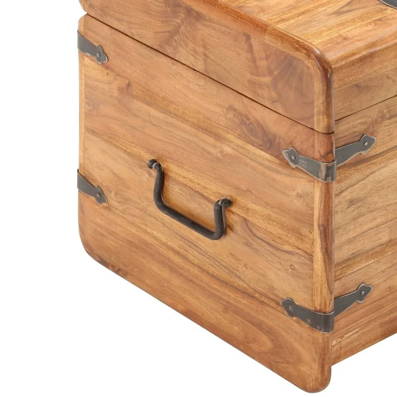 Coffre de rangement en bois massif d'acacia naturel brun verrouillable avec loquet avant, poignées latérales et couvercle plat