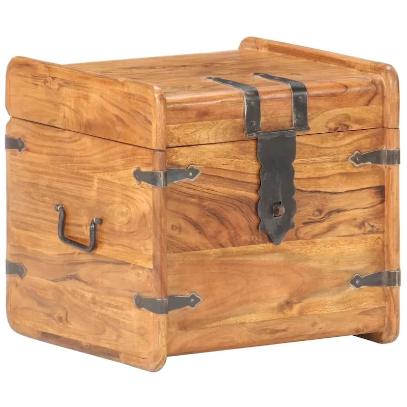 Coffre de rangement en bois massif d'acacia naturel brun verrouillable avec loquet avant, poignées latérales et couvercle plat