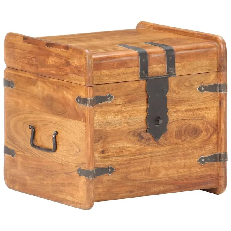 Coffre de rangement en bois massif d'acacia naturel brun verrouillable avec loquet avant, poignées latérales et couvercle plat