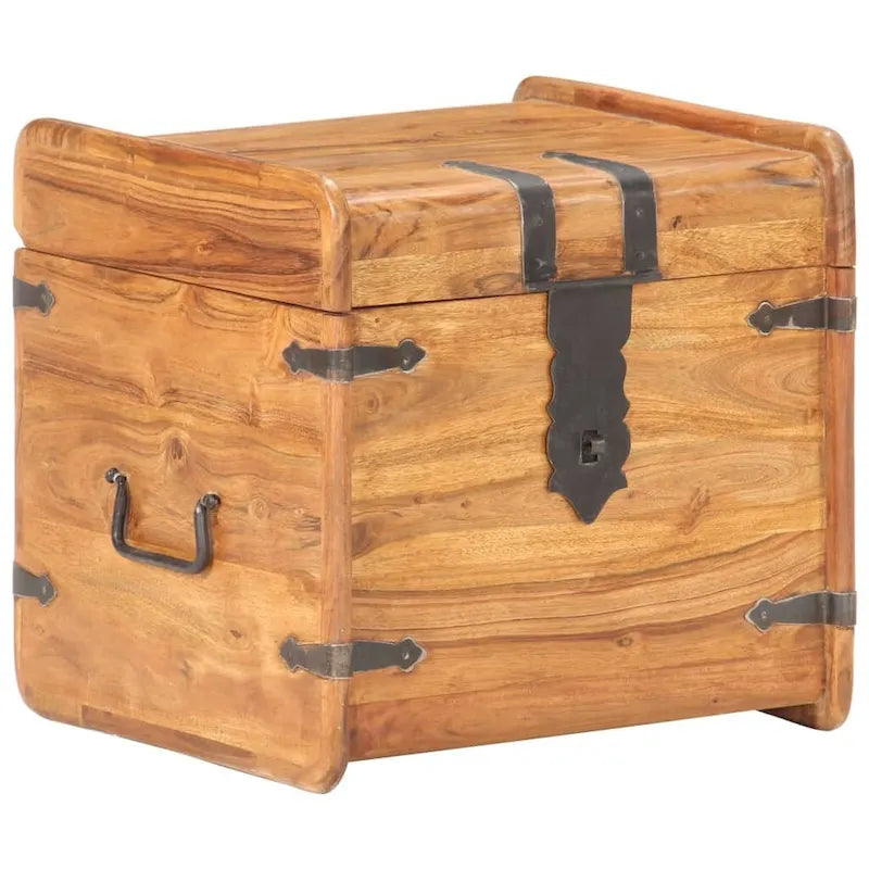 Coffre de rangement en bois massif d'acacia naturel brun verrouillable avec loquet avant, poignées latérales et couvercle plat