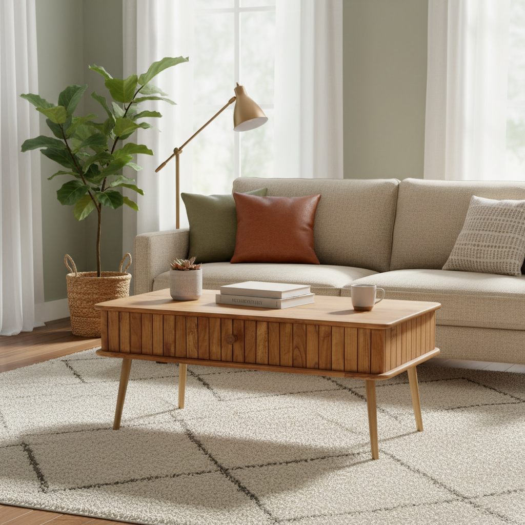 Table basse en acacia massif marron avec finition miel, pieds en fer laiton et 1 tiroir