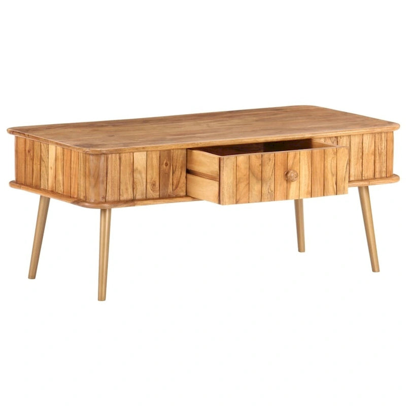 Table basse en acacia massif marron avec finition miel, pieds en fer laiton et 1 tiroir