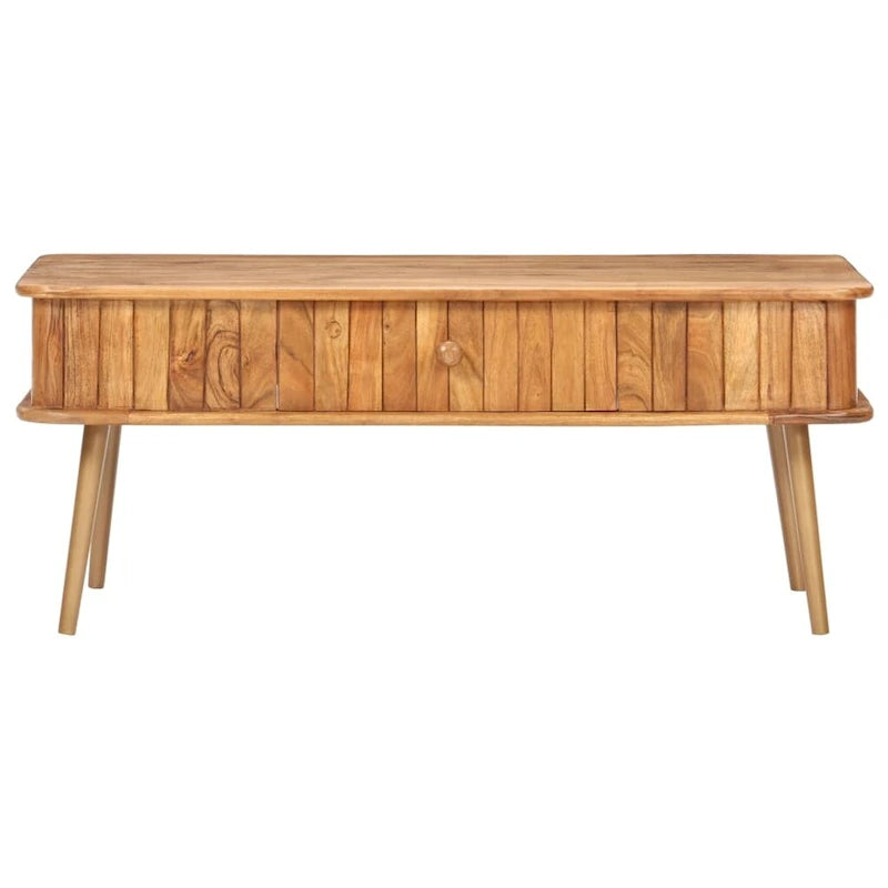 Table basse en acacia massif marron avec finition miel, pieds en fer laiton et 1 tiroir