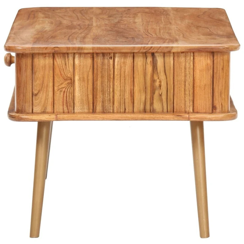 Table basse en acacia massif marron avec finition miel, pieds en fer laiton et 1 tiroir