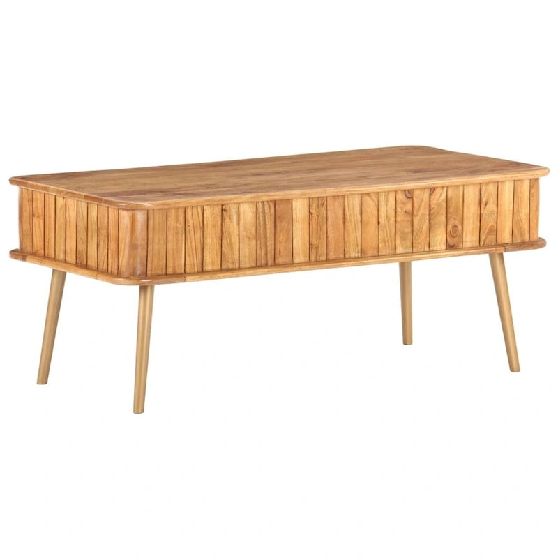 Table basse en acacia massif marron avec finition miel, pieds en fer laiton et 1 tiroir
