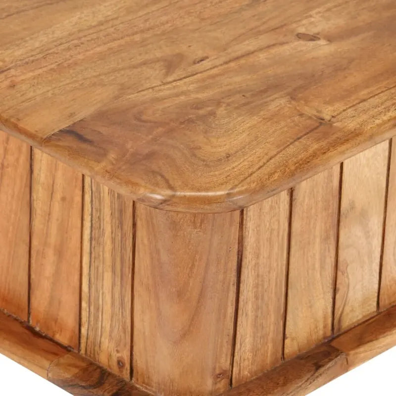 Table basse en acacia massif marron avec finition miel, pieds en fer laiton et 1 tiroir