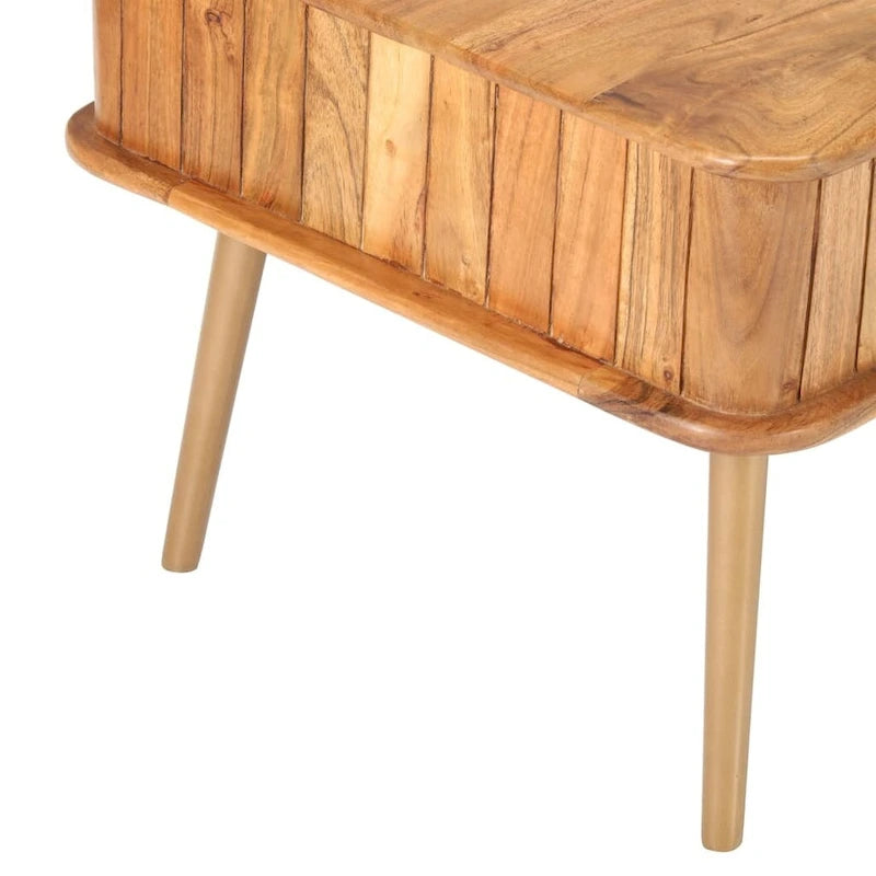 Table basse en acacia massif marron avec finition miel, pieds en fer laiton et 1 tiroir