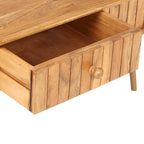 Table basse en acacia massif marron avec finition miel, pieds en fer laiton et 1 tiroir