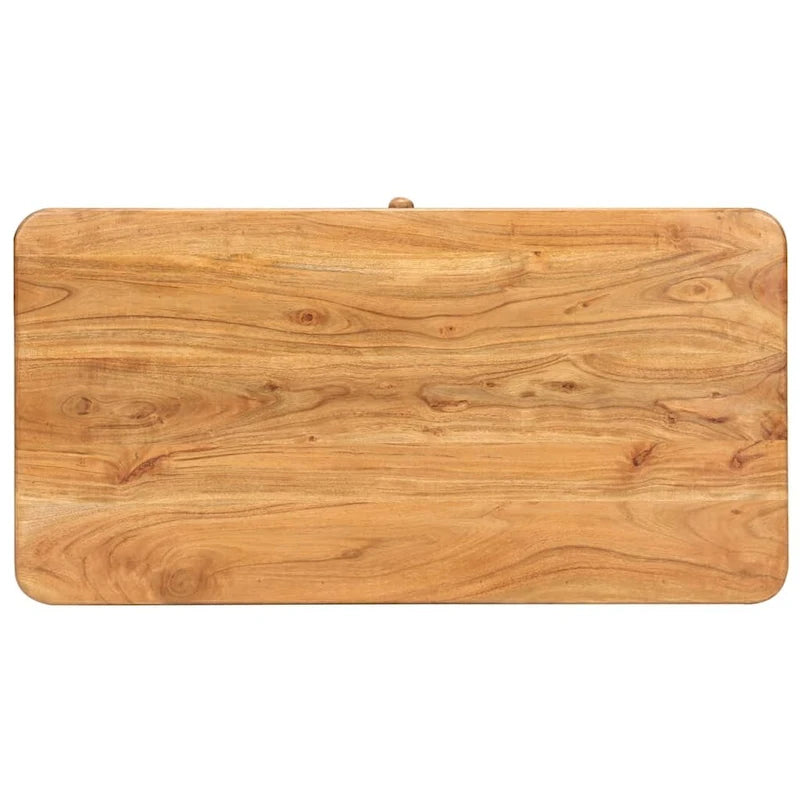 Table basse en acacia massif marron avec finition miel, pieds en fer laiton et 1 tiroir