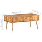 Table basse en acacia massif marron avec finition miel, pieds en fer laiton et 1 tiroir