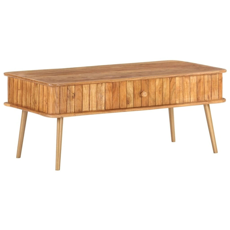 Table basse en acacia massif marron avec finition miel, pieds en fer laiton et 1 tiroir