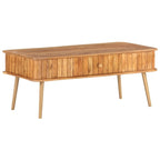 Table basse en acacia massif marron avec finition miel, pieds en fer laiton et 1 tiroir