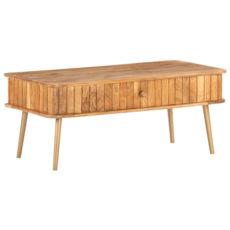 Table basse en acacia massif marron avec finition miel, pieds en fer laiton et 1 tiroir
