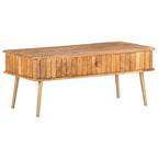 Table basse en acacia massif marron avec finition miel, pieds en fer laiton et 1 tiroir