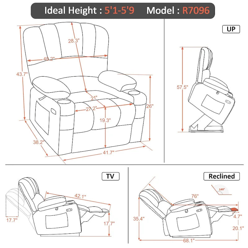 Fauteuil inclinable releveur en similicuir gris avec massage et chaleur – 1 personne