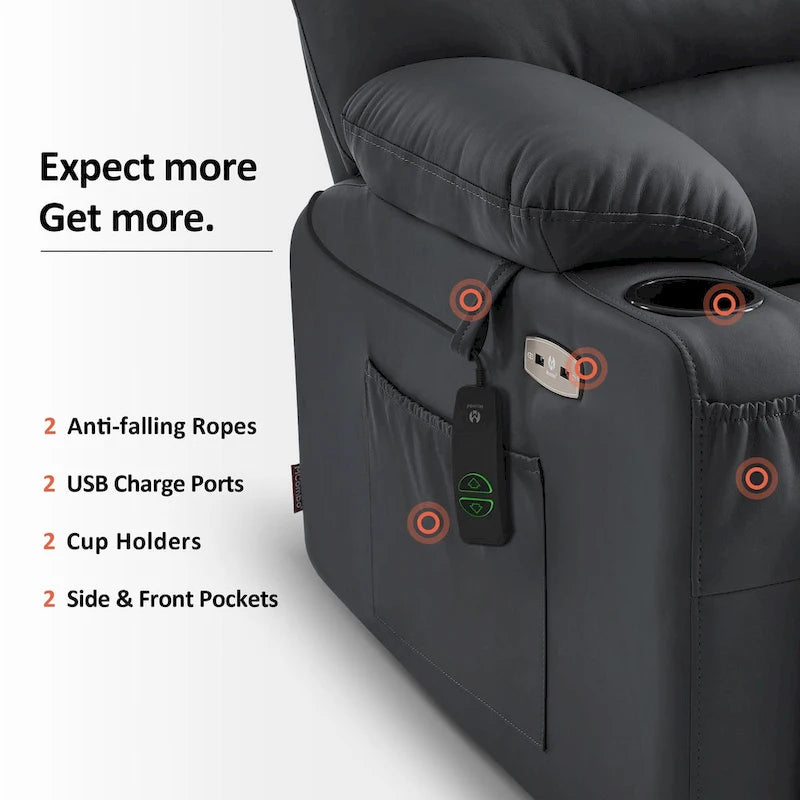 Fauteuil inclinable releveur en similicuir gris avec massage et chaleur – 1 personne