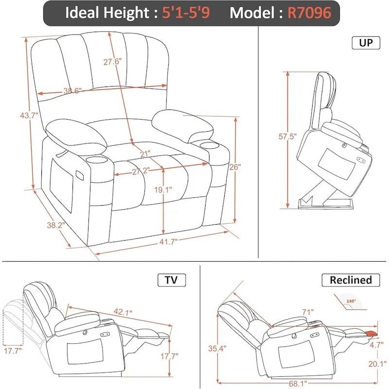 Fauteuil inclinable releveur en similicuir gris avec massage et chaleur – 1 personne