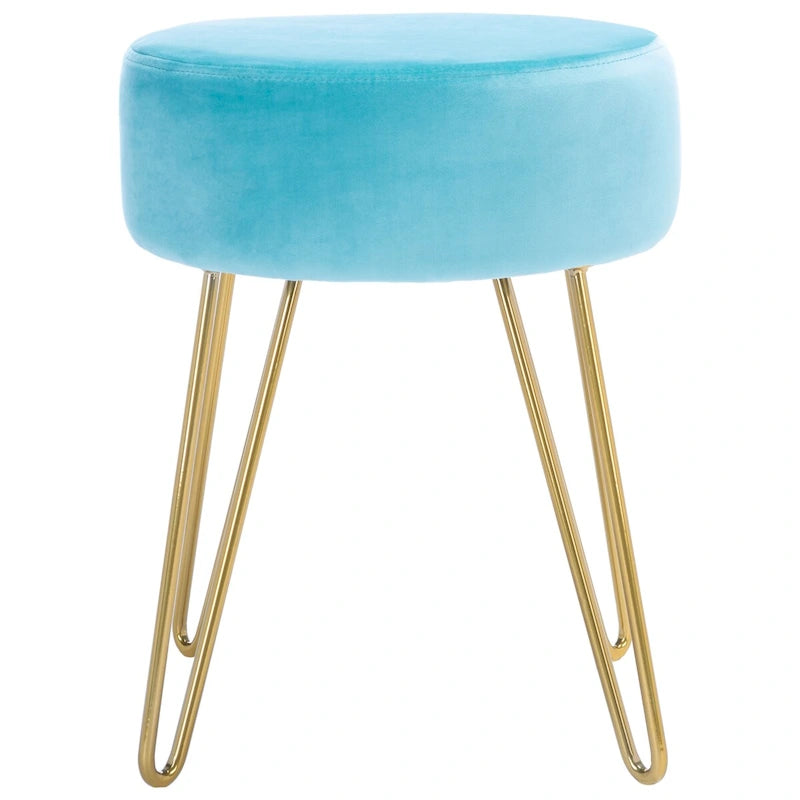 Pouf rond Aqua / Bleu Acier / Mûre de Boysen / Velours Poire avec pieds épingle dorés – 1 personne