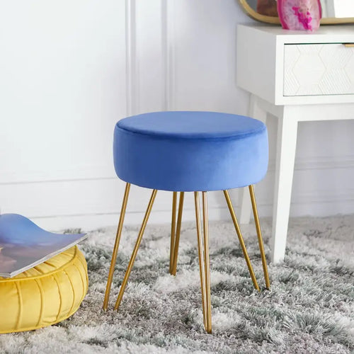 Pouf rond Aqua / Bleu Acier / Mûre de Boysen / Velours Poire avec pieds épingle dorés – 1 personne