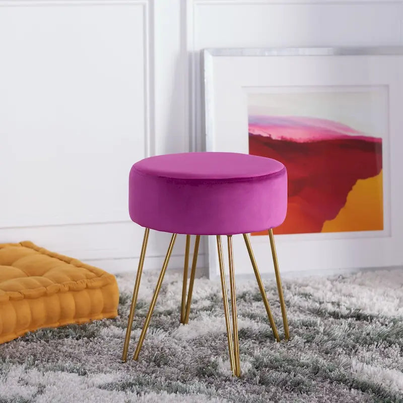 Pouf rond Aqua / Bleu Acier / Mûre de Boysen / Velours Poire avec pieds épingle dorés – 1 personne