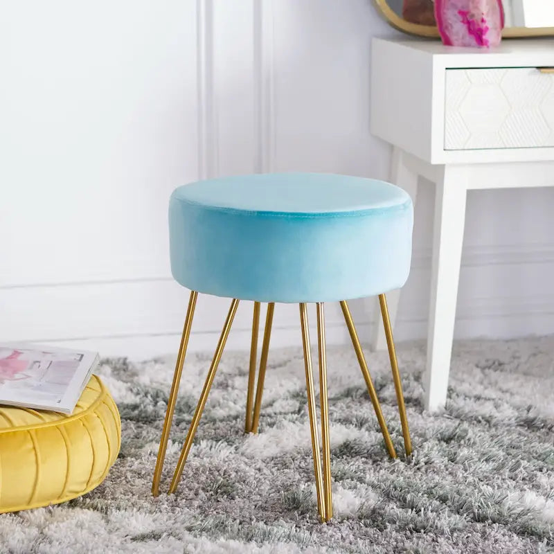 Pouf rond Aqua / Bleu Acier / Mûre de Boysen / Velours Poire avec pieds épingle dorés – 1 personne