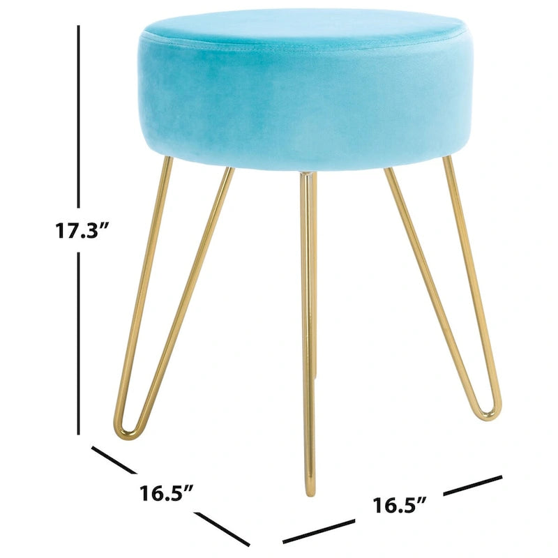 Pouf rond Aqua / Bleu Acier / Mûre de Boysen / Velours Poire avec pieds épingle dorés – 1 personne