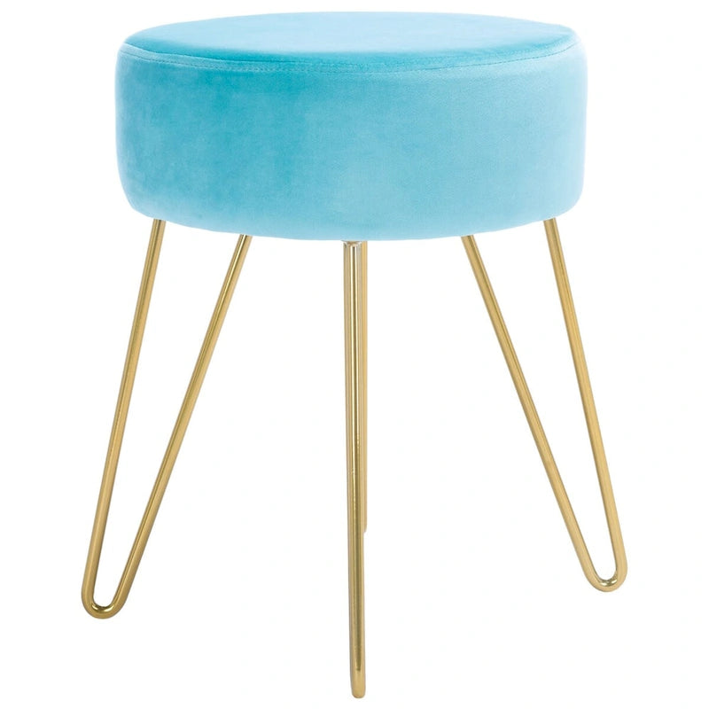 Pouf rond Aqua / Bleu Acier / Mûre de Boysen / Velours Poire avec pieds épingle dorés – 1 personne