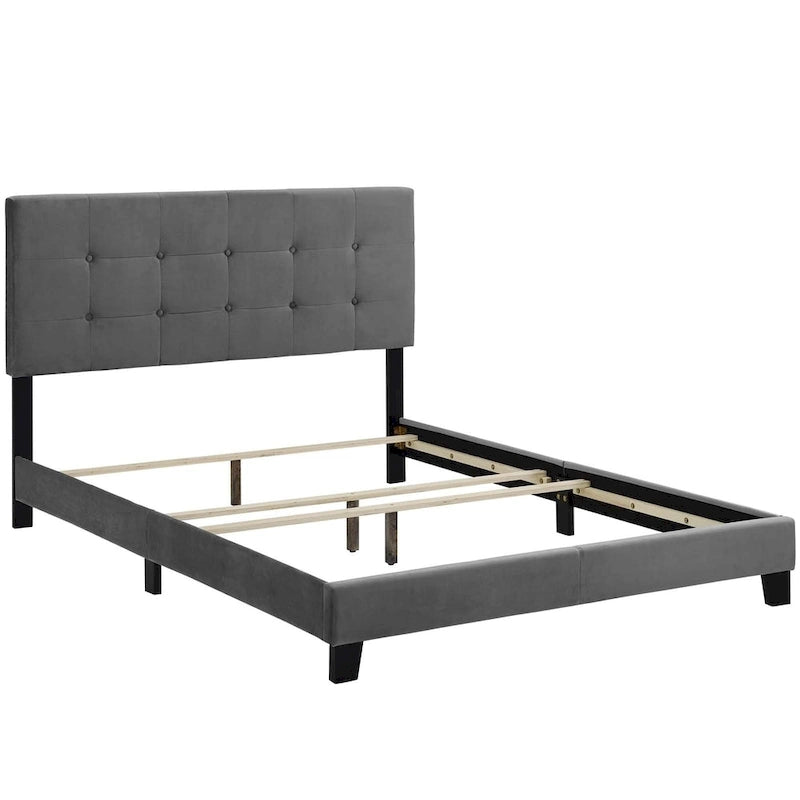 Lit plateforme queen en velours anti-taches (Bleu Nuit / Gris / Bleu Mer / Ivoire) avec tête de lit capitonnée – 2 personnes