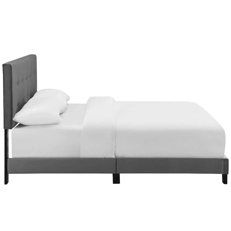 Lit plateforme queen en velours anti-taches (Bleu Nuit / Gris / Bleu Mer / Ivoire) avec tête de lit capitonnée – 2 personnes