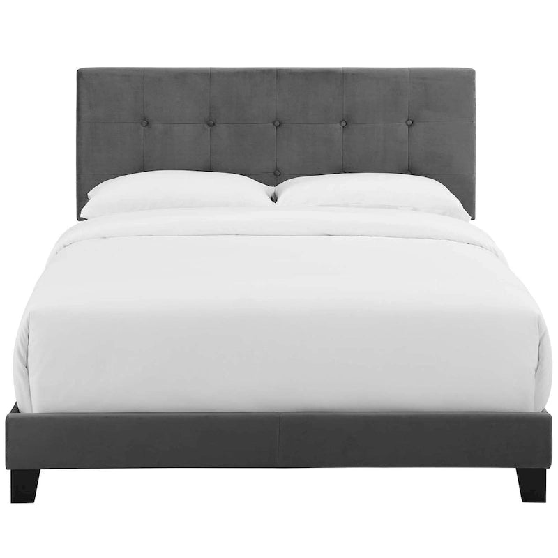 Lit plateforme queen en velours anti-taches (Bleu Nuit / Gris / Bleu Mer / Ivoire) avec tête de lit capitonnée – 2 personnes
