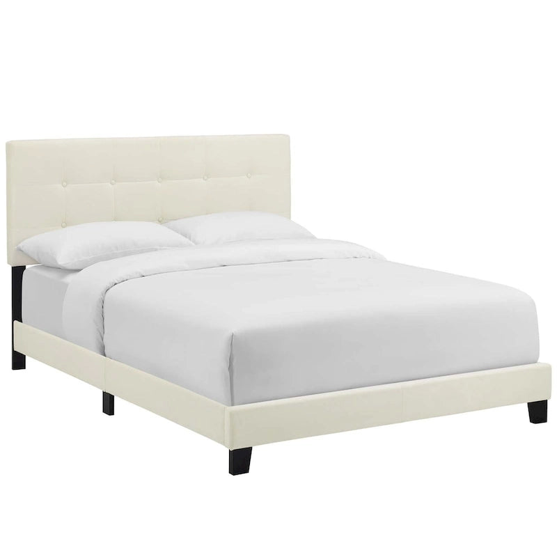 Lit plateforme queen en velours anti-taches (Bleu Nuit / Gris / Bleu Mer / Ivoire) avec tête de lit capitonnée – 2 personnes