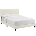 Lit plateforme queen en velours anti-taches (Bleu Nuit / Gris / Bleu Mer / Ivoire) avec tête de lit capitonnée – 2 personnes
