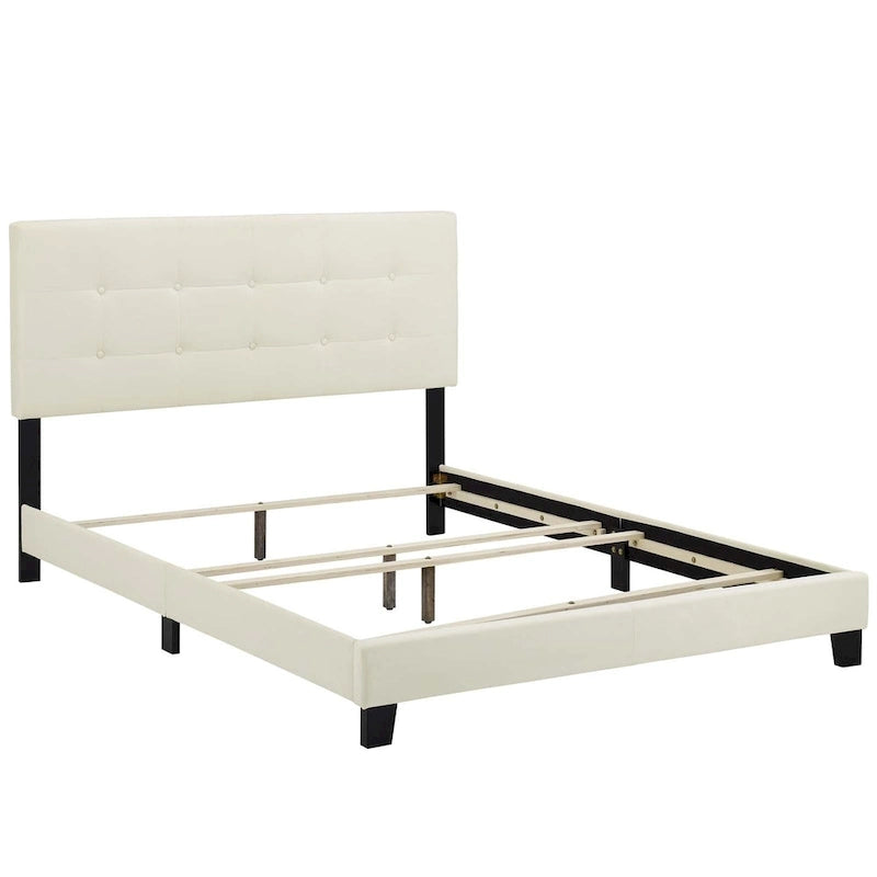 Lit plateforme queen en velours anti-taches (Bleu Nuit / Gris / Bleu Mer / Ivoire) avec tête de lit capitonnée – 2 personnes