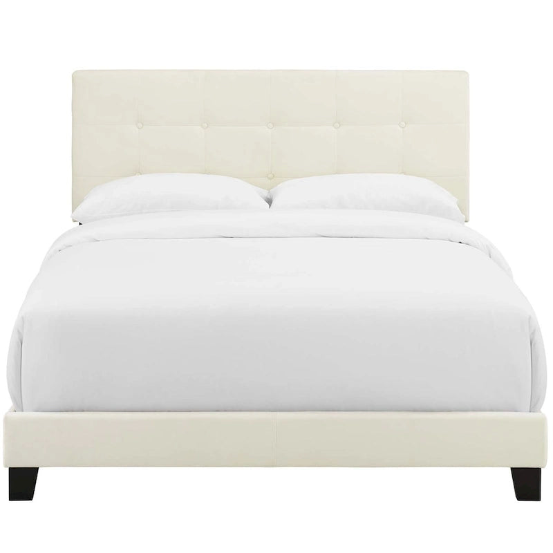 Lit plateforme queen en velours anti-taches (Bleu Nuit / Gris / Bleu Mer / Ivoire) avec tête de lit capitonnée – 2 personnes
