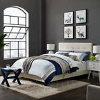 Lit plateforme queen en velours anti-taches (Bleu Nuit / Gris / Bleu Mer / Ivoire) avec tête de lit capitonnée – 2 personnes
