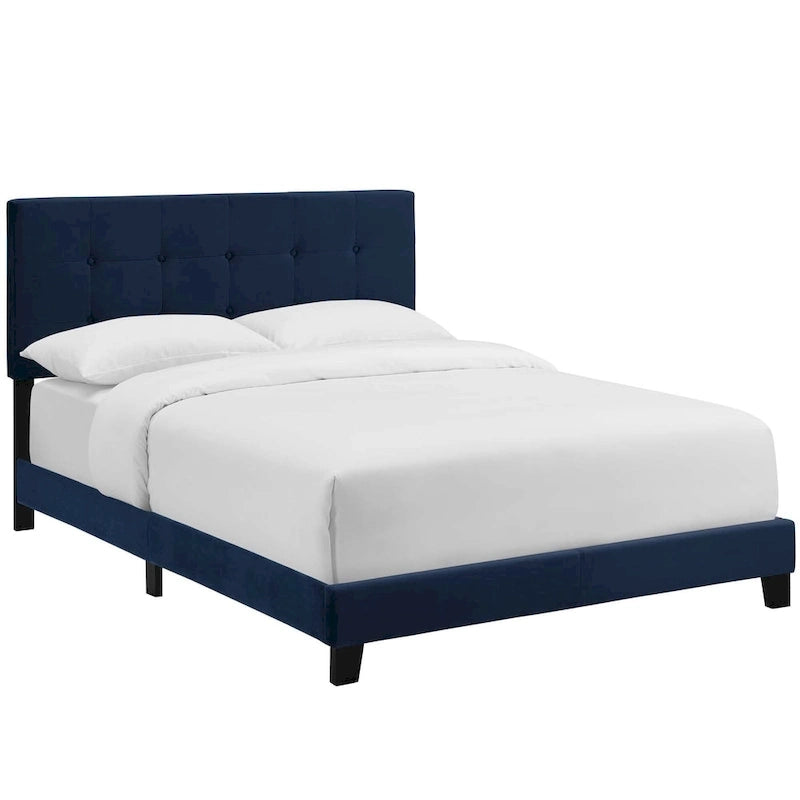 Lit plateforme queen en velours anti-taches (Bleu Nuit / Gris / Bleu Mer / Ivoire) avec tête de lit capitonnée – 2 personnes