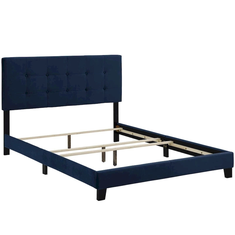 Lit plateforme queen en velours anti-taches (Bleu Nuit / Gris / Bleu Mer / Ivoire) avec tête de lit capitonnée – 2 personnes