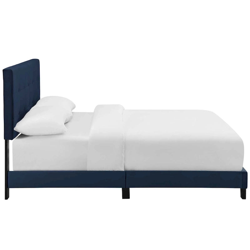 Lit plateforme queen en velours anti-taches (Bleu Nuit / Gris / Bleu Mer / Ivoire) avec tête de lit capitonnée – 2 personnes