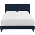 Lit plateforme queen en velours anti-taches (Bleu Nuit / Gris / Bleu Mer / Ivoire) avec tête de lit capitonnée – 2 personnes