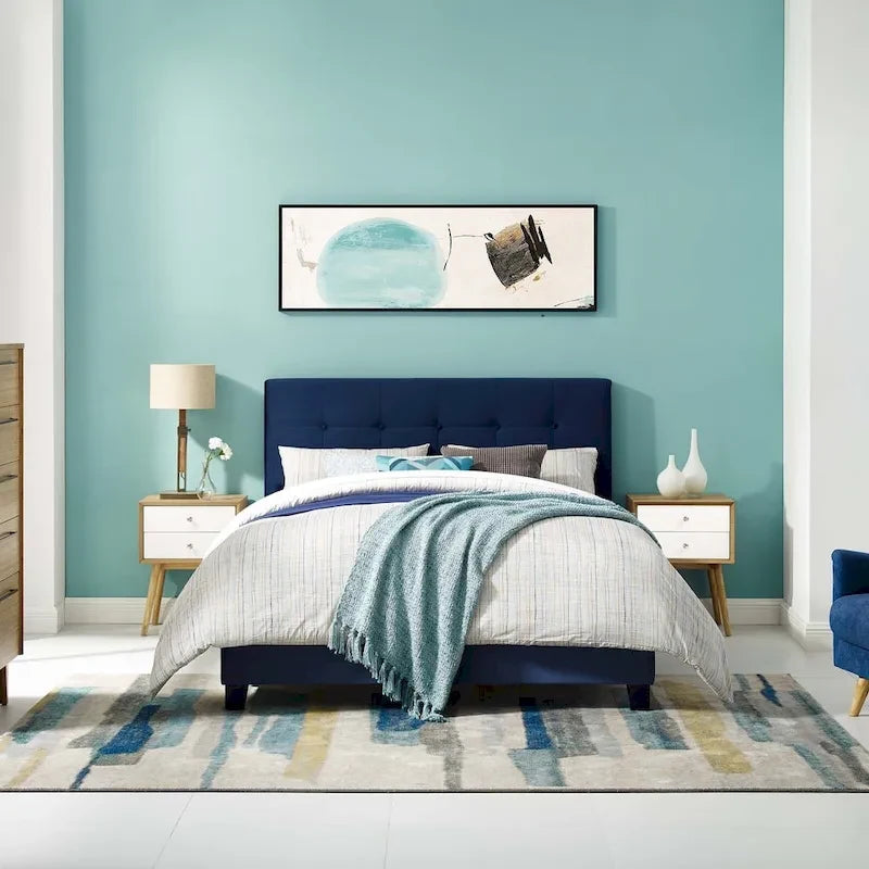 Lit plateforme queen en velours anti-taches (Bleu Nuit / Gris / Bleu Mer / Ivoire) avec tête de lit capitonnée – 2 personnes