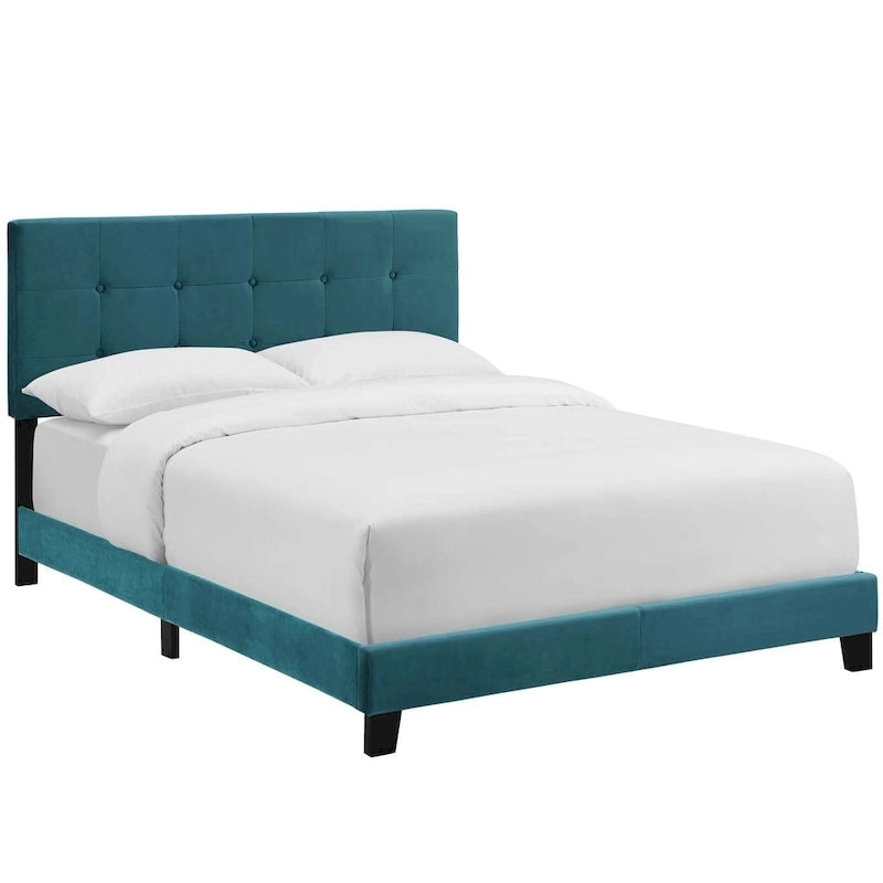 Lit plateforme queen en velours anti-taches (Bleu Nuit / Gris / Bleu Mer / Ivoire) avec tête de lit capitonnée – 2 personnes