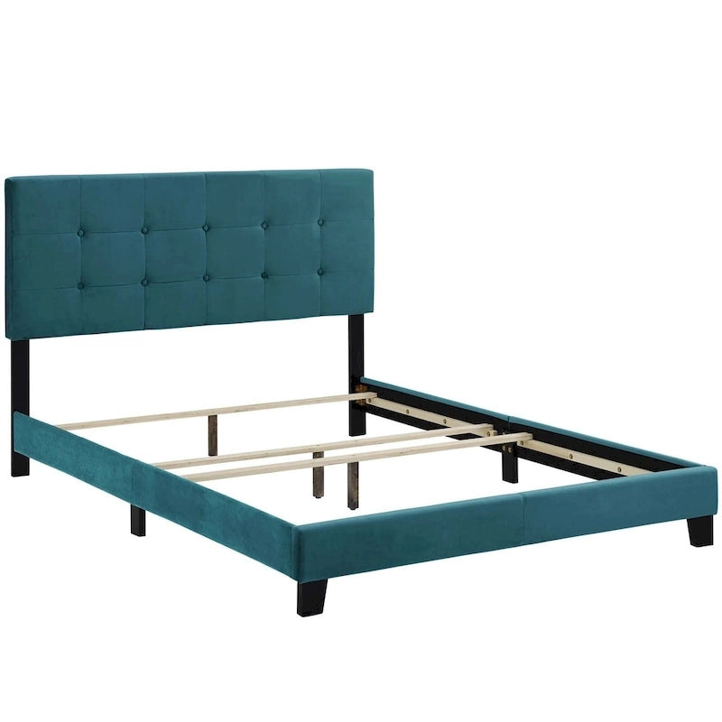 Lit plateforme queen en velours anti-taches (Bleu Nuit / Gris / Bleu Mer / Ivoire) avec tête de lit capitonnée – 2 personnes