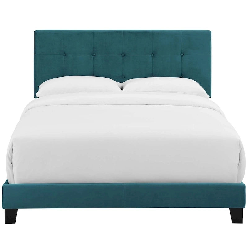 Lit plateforme queen en velours anti-taches (Bleu Nuit / Gris / Bleu Mer / Ivoire) avec tête de lit capitonnée – 2 personnes