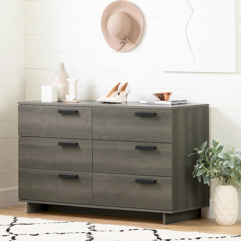 Commode double à 6 tiroirs en érable gris avec glissières en métal et système de verrouillage de tiroirs