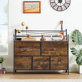 Commode à 5 tiroirs en tissu marron/gris avec cadre en métal et plateau en bois – 1 personne