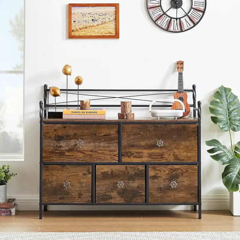 Commode à 5 tiroirs en tissu marron/gris avec cadre en métal et plateau en bois – 1 personne