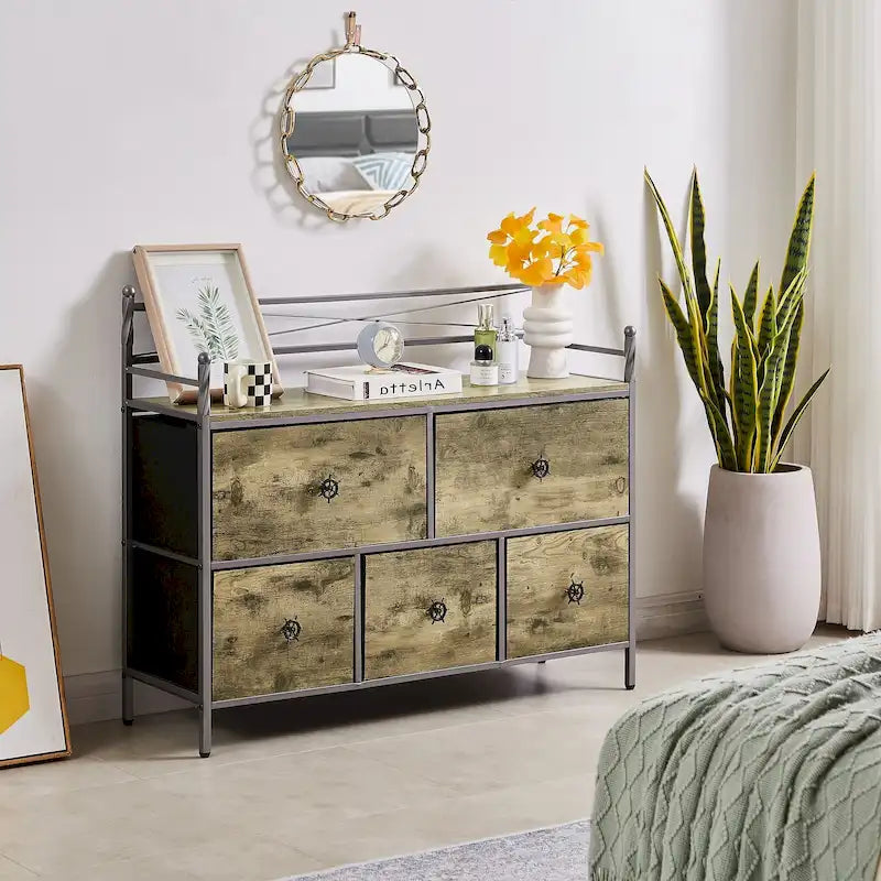 Commode à 5 tiroirs en tissu marron/gris avec cadre en métal et plateau en bois – 1 personne