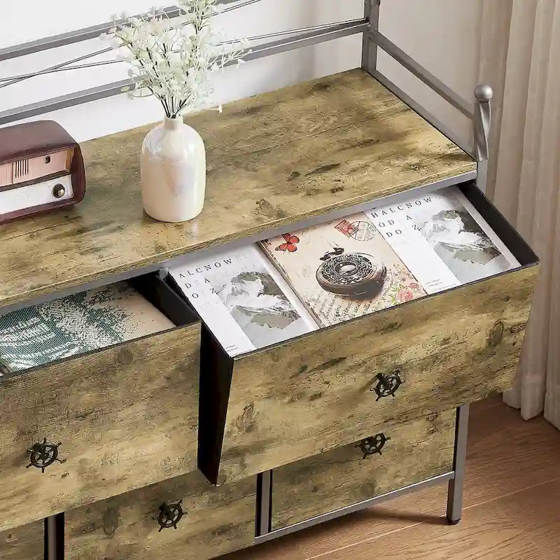 Commode à 5 tiroirs en tissu marron/gris avec cadre en métal et plateau en bois – 1 personne
