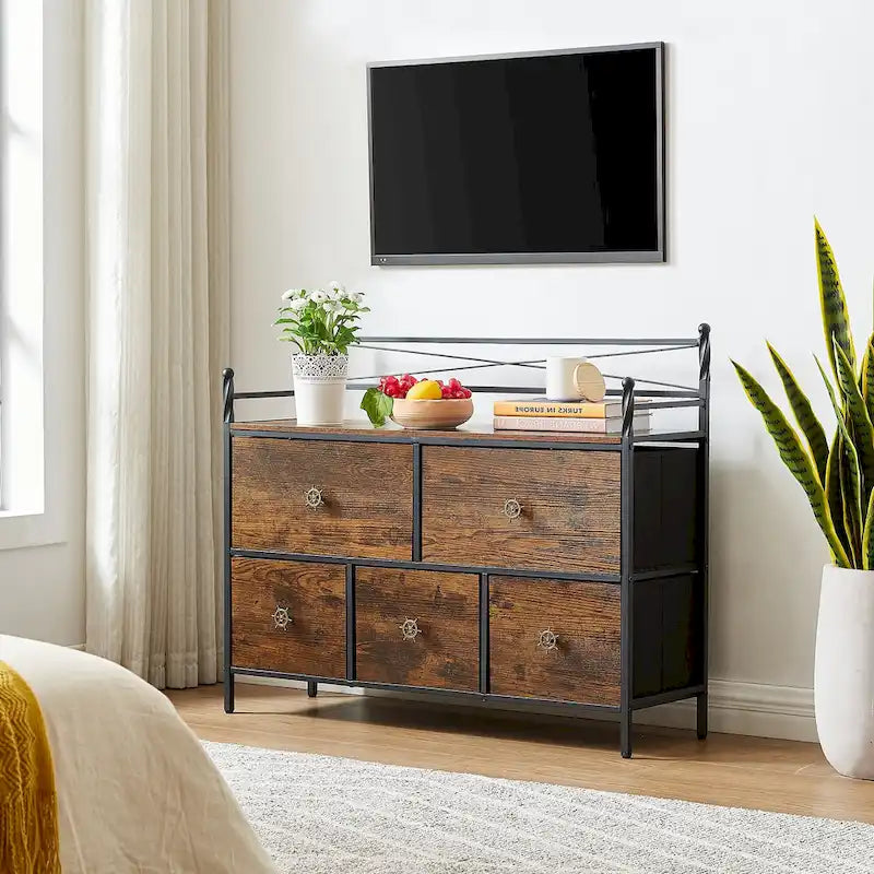 Commode à 5 tiroirs en tissu marron/gris avec cadre en métal et plateau en bois – 1 personne